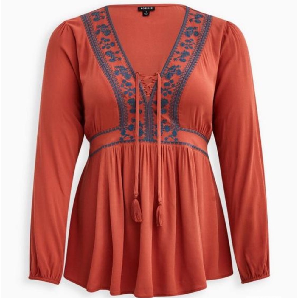 Torrid Babydoll Rayon Crepe Embroidered Lace-Up Top Size 2 (18/20)
